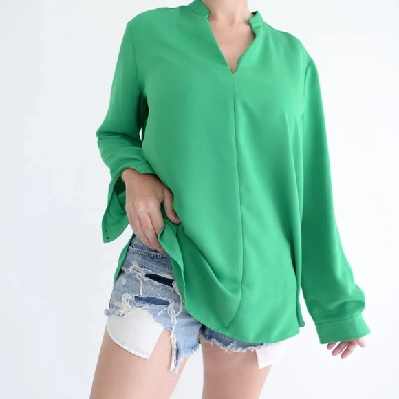 Lord & Taylor Kelly Green V-Neck Long Sleeve Tunic Dress Shirt LG - Picture 3 of 12